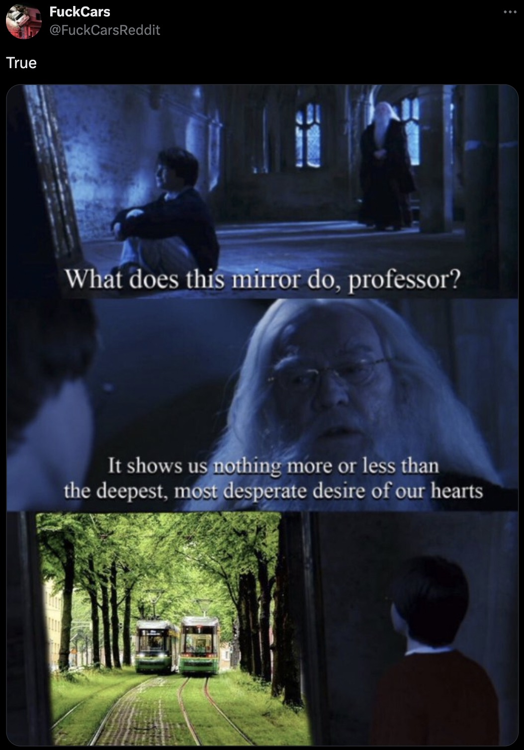 funny harry potter memes - True FuckCars What does this mirror do, professor? It shows us nothing more or less than the deepest, most desperate desire of our hearts